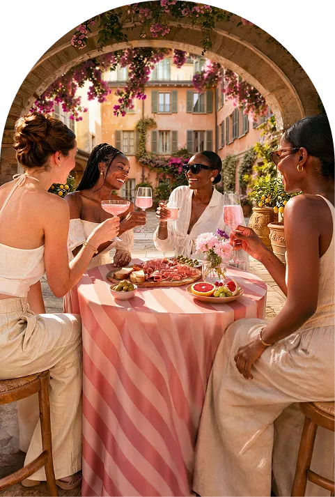 Four women enjoy pink sparkling drinks and snacks at an outdoor table in a sunny Mediterranean courtyard framed by bougainvillea and stone arches.